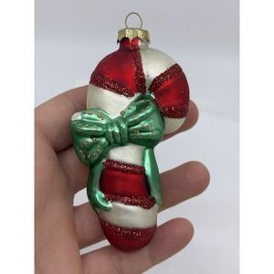 Unique Treasures Glass Green Striped Candy Cane w/Red Bow Christmas Ornament